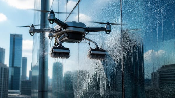 Geen hoogwerker, maar een drone voor deze glazenwassers. ‘Net de PlayStation’