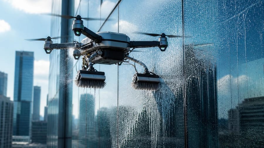 Geen hoogwerker, maar een drone voor deze glazenwassers. ‘Net de PlayStation’