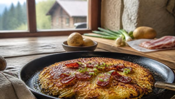 Goudbruin en superknapperig: zo maak je de ultieme aardappelrösti met spek en bosui