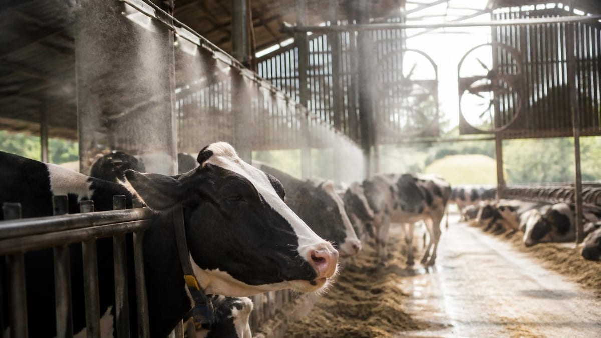 Melkvee lijdt stilzwijgend onder zomerhitte. Innovatieve koelsystemen verlagen de staltemperatuur effectief en besche