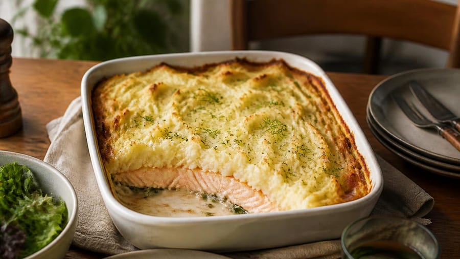 Geen gedoe, wel luxe: zo maak je zalm uit de oven met een dakje van romige aardappelpuree